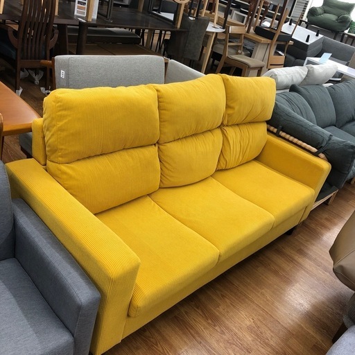 3人掛けソファー　ヘタリ有り　コーデュロイ　イエロー　【取りに来れる方限定】