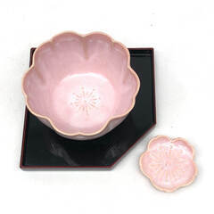 ss7475　花の和食器セット 小鉢 七宝焼き 小皿 陶器製 桜 ピンク さくら 菓子皿 菓子器 和食器 中古の画像