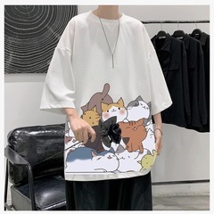 夏服 Tシャツ メンズ 半袖 XL ラウンドネック 猫ロゴ ゆったり 春夏の画像