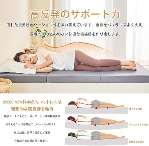 新品未使用 高反発極厚ダブル マットレス 三つ折り ベッド厚さ10cm 折りたたみマット