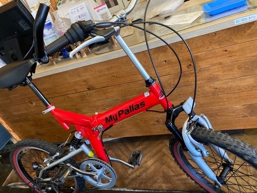 【前後チューブ、チェーン新品！】フルサスペンション付き　6段変速　20インチ折りたたみ自転車　レッド×シルバー