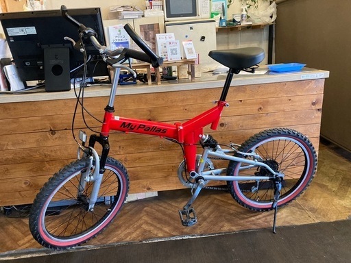 【前後チューブ、チェーン新品！】フルサスペンション付き　6段変速　20インチ折りたたみ自転車　レッド×シルバー