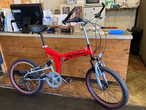 【前後チューブ、チェーン新品！】フルサスペンション付き　6段変速　20インチ折りたたみ自転車　レッド×シルバー