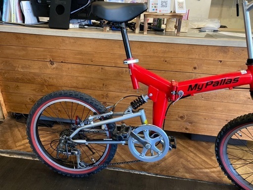 【前後チューブ、チェーン新品！】フルサスペンション付き　6段変速　20インチ折りたたみ自転車　レッド×シルバー
