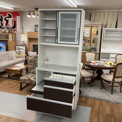 ジモティー限定価格！S154 ⭐ ユーアイ製 キッチンボード 食器棚 ソフトクローズ搭載 モイス 幅89cm USED