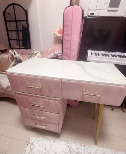 傷汚れあり】大理石 ドレッサー デスク&3段チェスト🎀 ピンク 傷汚れあり】大理石 ドレッサー デスク&3段チェスト🎀 ピンク