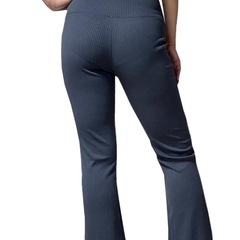 リブパンツ レディース カジュアル ハイウエスト フレアパンツ フルレングスの画像