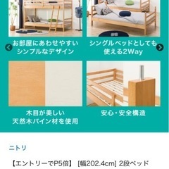 19.20日引取限定☆美品☆ニトリ2段ベッド(ルシエル)取扱説明書付の画像
