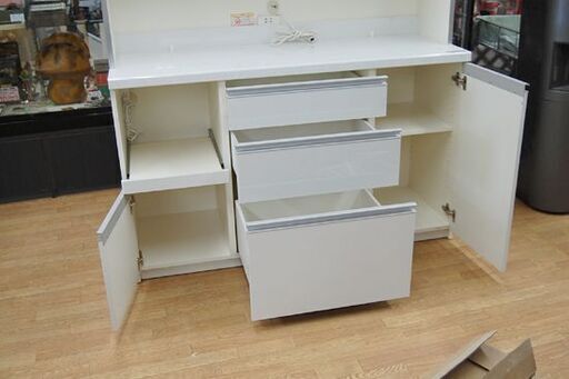 パモウナ レンジボード 幅140×奥50×高195cm 白エナメル ソフトクロージング コンセント付き 食器棚 キッチンボード Pam