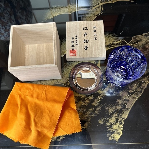 江戸切子 伝統工芸士 木村泰典 富嶽三十六景「神奈川沖波裏」 菊籠目紋　瑠璃