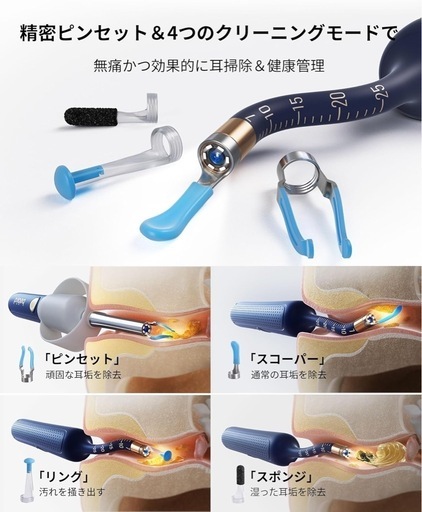 耳かき カメラ付き 【新機能新登場＆1000万画質＆収納ケース付き】 イヤースコープ 高精度ピンセット 4.1mmフレキシブルレンズ 耳掃除 カメラ IP67防水 4つのクリーニングモード 左右反転機能 録画・写真対応 Type-C充電 お年寄り・子供向け スマホ＆タブレット対応 IOS/Android 日本語取扱説明書付き ブルー