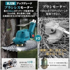 充電式草刈り機【2025年強化版・海洋造園会社の熊本氏監修】21Vコードレス電動草刈機 刈刃径最大255mm 残量表示 PSE認証済 4000mAhバッテリー2個 マキタバッテリー互換 ブラシレスモーター 脱着式補助輪 1台2役芝刈り機 4種類の刃と替刃 伸縮＆角度調整 補助ハンドル 肩掛けバンド 多機能刈払機 軽量 低騒音 安全 女性でも簡単 除草 雑草 芝生 畑 庭作業 農業 園芸 家庭用 の画像