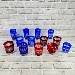 P497 ガラス工芸 色被せ切子 ハンドメイド カットガラス ロ...