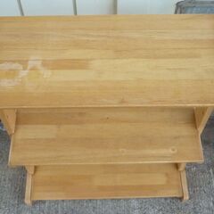 USED 汚れあり キッチン三段木製合板ラック クリーニング済（水洗い３回） ペンキ等で塗装すればカントリー調な家具として使えるかも お手頃なサイズ感 オープンラックの画像