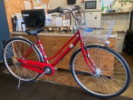 【SALE！4月中防犯登録無料！前後タイヤ・チューブ新品！】 LEDオートライト　内装3段　27インチ自転車　レッド