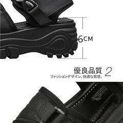 [MAIQU] 厚底サンダル 24.0cm スポーツサンダル マジックテープ アンクルストラップ レディースシューズ 軽量 ブラックの画像