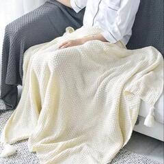 ベッドソファカウチ用北欧ブランケット チャンキーニットベッドスプレッド タッセル付きニットスローブランケット 無地ワッフルエンボス加工ブランケットの画像
