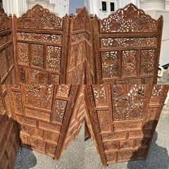 アジアン家具 4連パーテーション 透かし彫り 衝立 間仕切り 彫刻 木製 折り畳み 4つ折り 高さ約162cm 上板取り外し可能 パーティションの画像