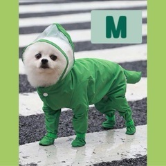 【緑M】犬用 レインコート つなぎ フード付 雨具 ペット用品 ...