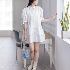 裾アシメフリル袖リボン半袖シャツミニワンピース clear     の画像