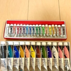 アクリル絵の具2種類、筆、パレット、カルトン、カッターマット、カルトンバッグの画像