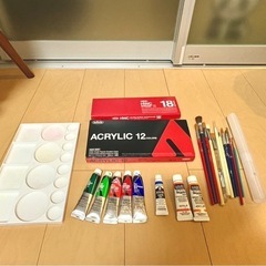 アクリル絵の具2種類、筆、パレット、カルトン、カッターマット、カルトンバッグの画像