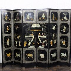 ≪U1215ジ≫中国美術 6枚折屏風 八仙 螺鈿/玉石 深圳市博...
