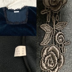 ベロア調　 薔薇柄パイピング　ブラックスクエアネック長袖＆半袖　アンサンブル:ツイン:トップス2枚の画像