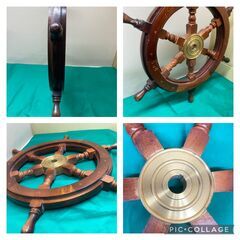☆中古￥2,800！アンティーク船舵　操舵輪　家具　インテリア　木製　ハンドル　オブジェ　直径62㎝ｘ高さ5㎝　【BD043】の画像