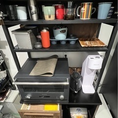 食器棚　レンジ台　収納　木目　ブラック　アイアン　中古の画像
