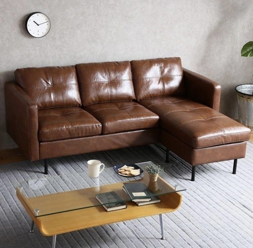 ブラウン 3人掛けソファ オットマン付き オンライン 3人掛けカウチソファ オットマン付き レザー風 ブラウン