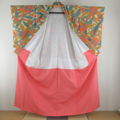 小紋 ポリエステル 袷 黄色ｘオレンジ色ｘ緑色 薔薇模様 バチ衿 仕立て上がり 身丈155cm 【キモノオフ野々市若松店】の画像