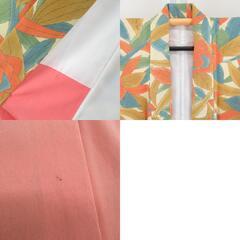 小紋 ポリエステル 袷 黄色ｘオレンジ色ｘ緑色 薔薇模様 バチ衿 仕立て上がり 身丈155cm 【キモノオフ野々市若松店】の画像