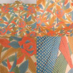 小紋 ポリエステル 袷 黄色ｘオレンジ色ｘ緑色 薔薇模様 バチ衿 仕立て上がり 身丈155cm 【キモノオフ野々市若松店】の画像