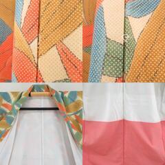 小紋 ポリエステル 袷 黄色ｘオレンジ色ｘ緑色 薔薇模様 バチ衿 仕立て上がり 身丈155cm 【キモノオフ野々市若松店】の画像