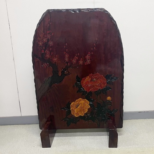 花梨の衝立　牡丹彫　昭和レトロ　和風インテリア　和家具