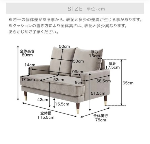 LOWYA 2人掛けソファ 木脚 クッション ベルベット調 ベルベット調