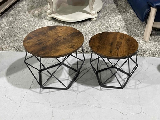 A18【サイドテーブル2点セット】木目調＋スチールフレーム 52cm 41cm 大小セット コーヒーテーブル 花台 インテリア