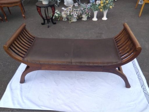 お値下げ！　● カルティニベンチ ウォルナット ブラウン 本革 レザー ベンチ 長椅子 アジアン雑貨 バリ家具 ヴィンテージ アンティーク 現状品 ③