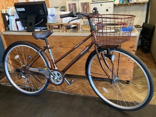 【SALE！4月中防犯登録無料！後輪タイヤ・チューブ新品！】 LEDダイナモ　6段変速　27インチ自転車　ブラウン