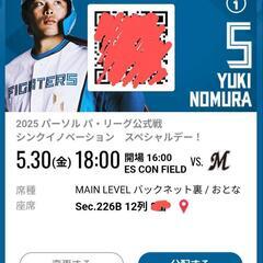 ファイターズ大人チケット2枚　駐車券付き　エスコンフィールド