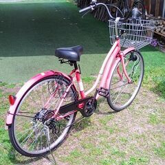 ※　取引終了　　※  　　　　　　　　　　　　26インチ　自転車　ピンク　ママチャリ　６段変速　ライト付き　鍵付き　カゴ付き　両立スタンド　中古品の画像
