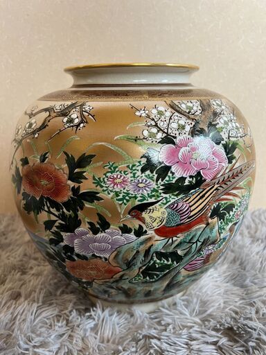 九谷焼 長期保管品 金鶏 九谷利平金彩色絵花花鳥壺花瓶 (平田