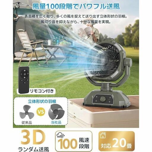 アウトドア扇風機 キャンプ 充電式 32,000mAh 静音 DCモーター