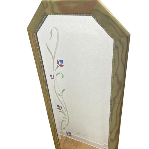 ヴィンテージ 木製 花柄の姿見 ウォールミラー 壁掛け 鏡 ウッドフレーム ヴィンテージ 木製 花柄の姿見 ウォールミラー 壁掛け 鏡 ウッド