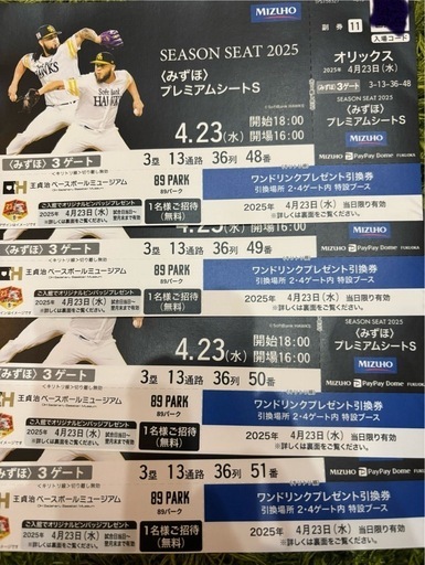 ソフトバンクみずほプレミアムシートS席4枚セット (nao) 水城の  