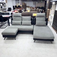 【超美品‼️】総額135,960円♪ ニトリ 220cm幅カウチソファ(ポーション2KD) ロング部分左右入れ替え可能 オプションヘッドレスト＆オットマン付き 布張りグレー×合成皮革ブラック♪の画像
