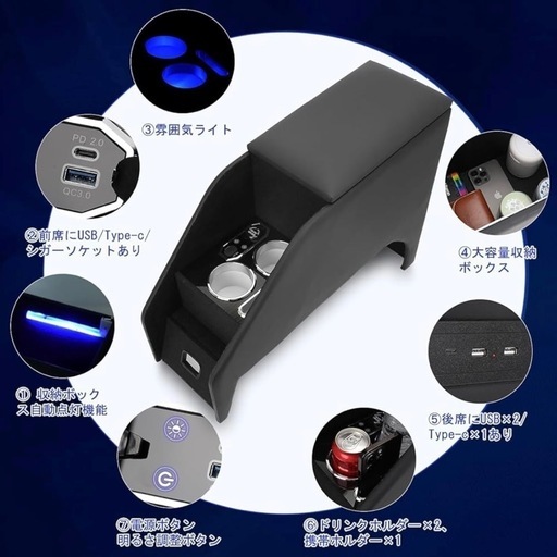半額以下 新品 日産セレナ C28 e-POWER USBポート付きアームレストコンソールボックス 7色RGBライト 明るさ調節機能 取付簡単 大容量収納 PU素材 Type-C QC3.0 USBポート付き 【2022年11月~】NISSAN