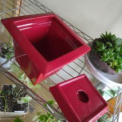 正方形陶器の植木鉢〈レッド〉新品、未使用の画像