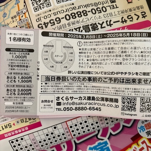 さくらサーカスチケット2枚＋チラシ1枚 (ゆざき) 徳島のその他の